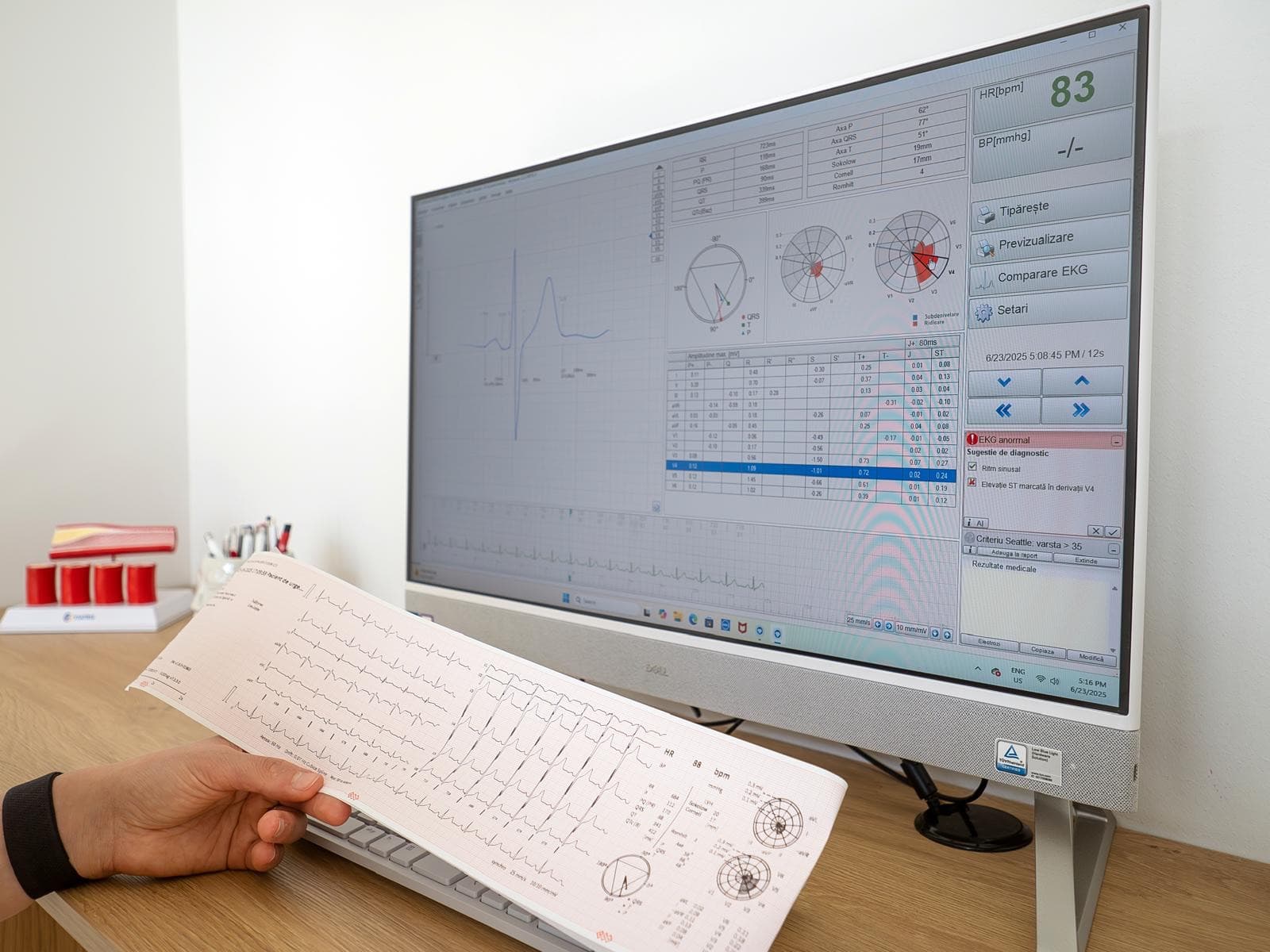 Analiza computerizată a unei electrocardiograme pe monitorul din cabinet, cu traseul tipărit alături