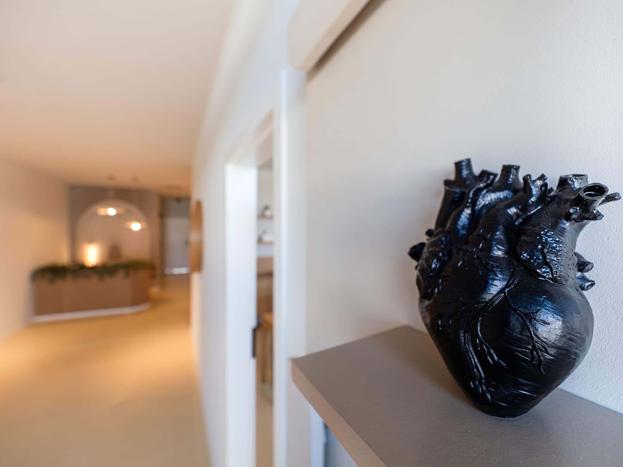 Sculptură a unei inimi, în negru lucios, pe o consolă din holul cabinetului Biocord