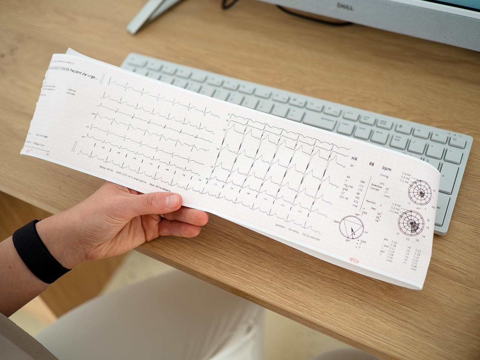 Traseul tipărit al unei electrocardiograme, ținut în mână deasupra biroului